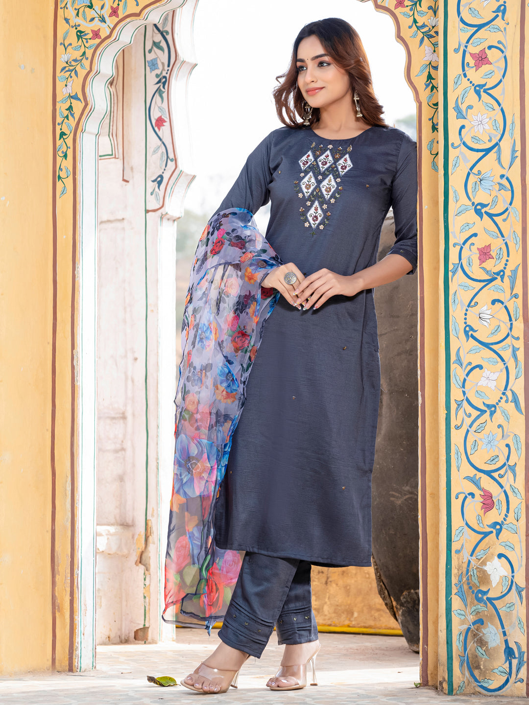 Grey Pure Soft Silk With Hand Work Salwar Suit ##color## Salwar Suit. with premium fabric and embroidery