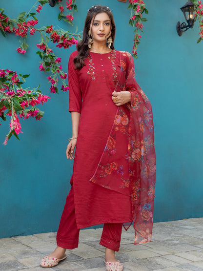 Maroon Pure Soft Silk With Hand Work Salwar Suit 