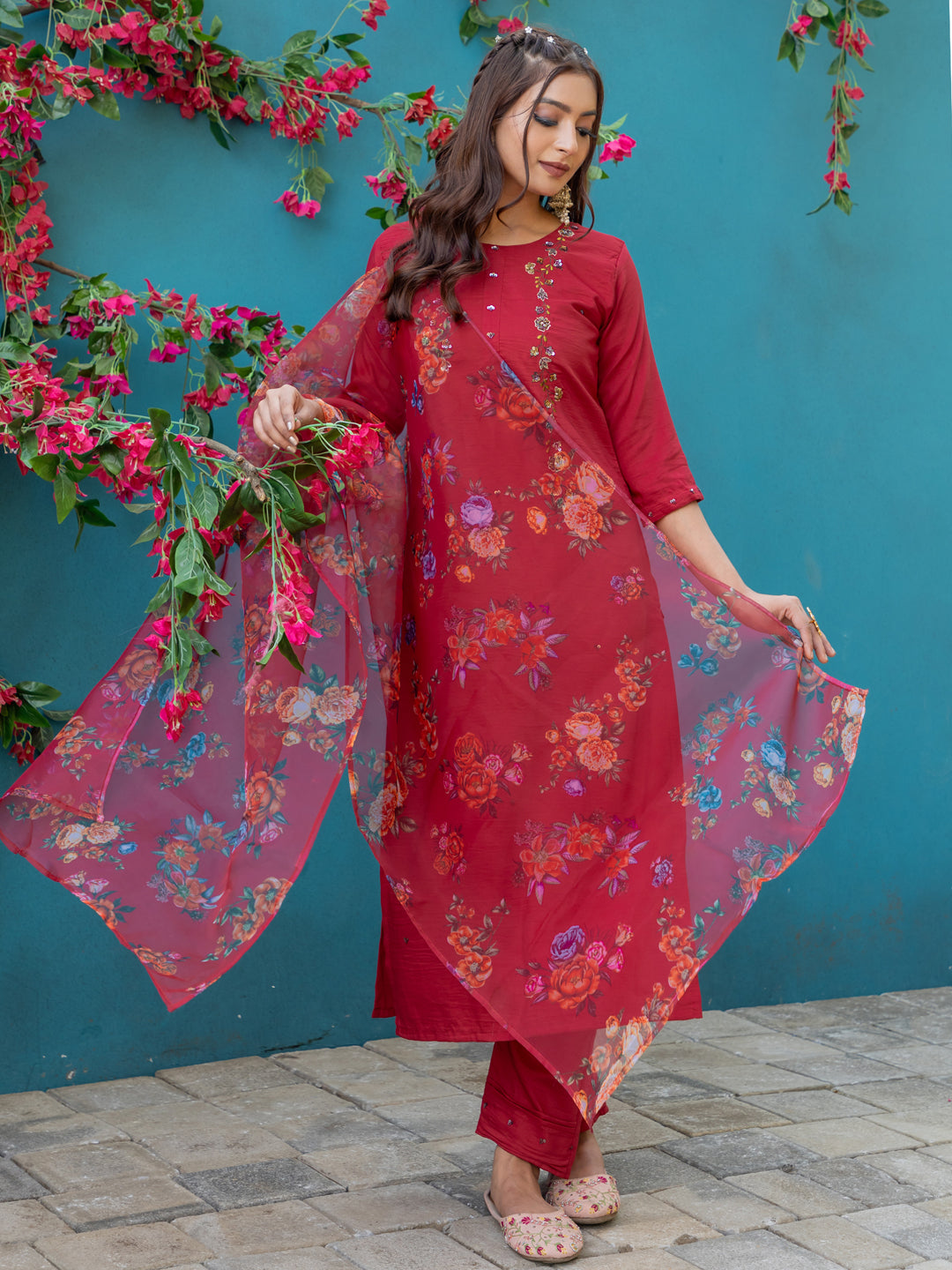 Maroon Pure Soft Silk With Hand Work Salwar Suit 