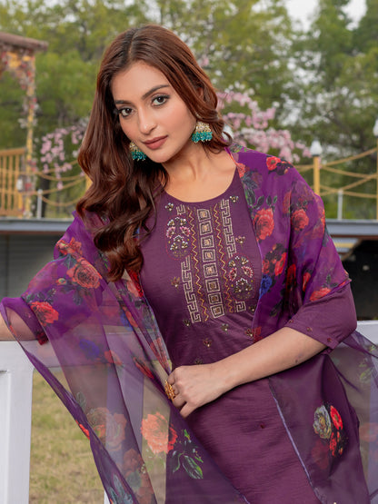 Purple Pure Soft Silk With Hand Work Salwar Suit 
