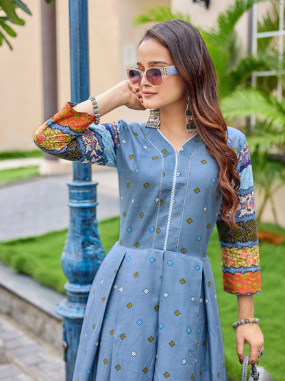 Grey Pure Soft Rayon Print With Embroidery Work Kurti 