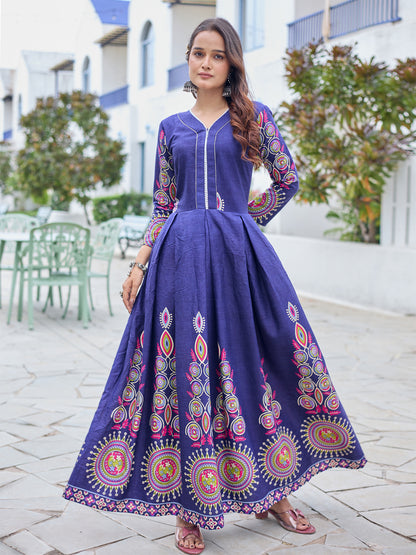NavyBlue Pure Soft Rayon Print With Embroidery Work Kurti 