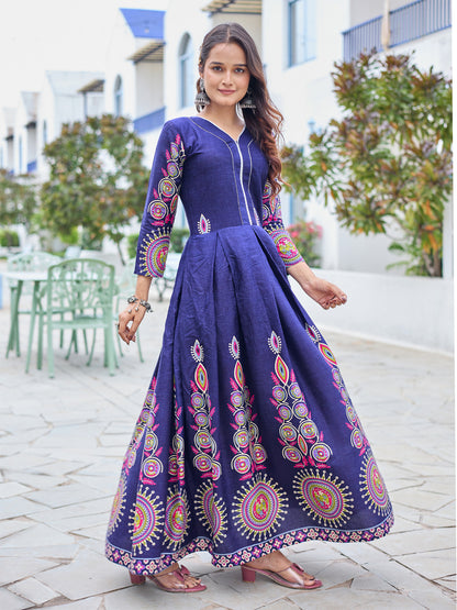 NavyBlue Pure Soft Rayon Print With Embroidery Work Kurti 