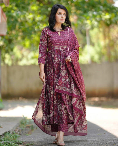 Maroon Pure Soft Reyon Cotton Blend Print Salwar Suit 
