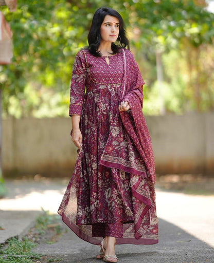 Maroon Pure Soft Reyon Cotton Blend Print Salwar Suit 