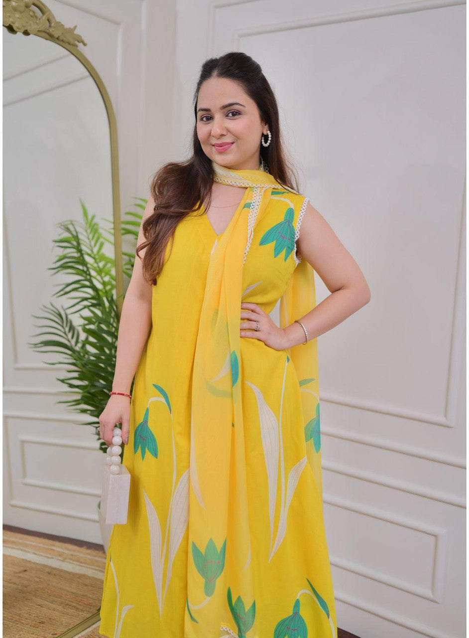 Yellow Pure Soft Reyon Cotton Blend Print Salwar Suit 