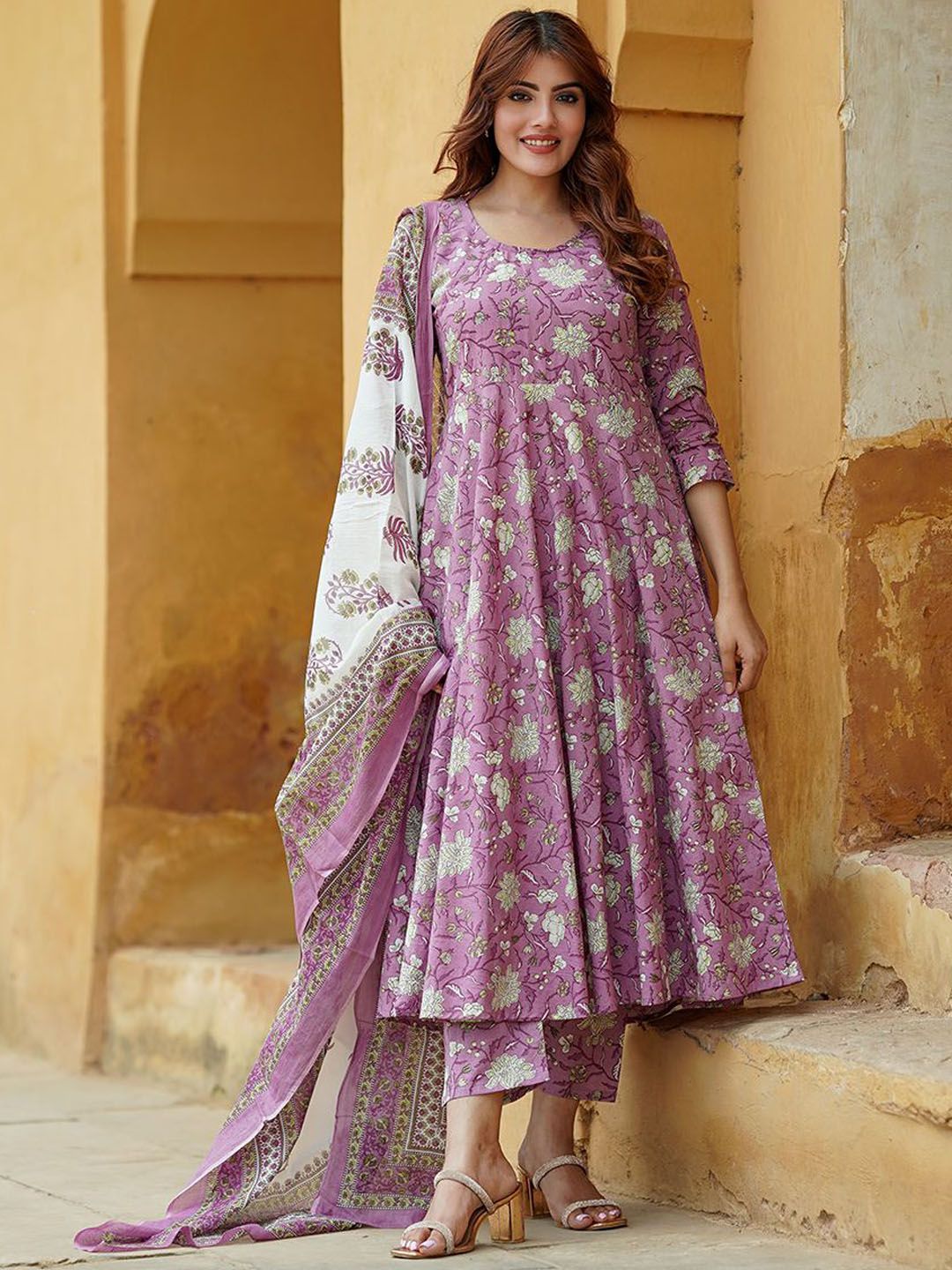 Lavender Pure Soft Reyon Cotton Blend Print Salwar Suit ##color## Salwar Suit. with premium fabric and embroidery
