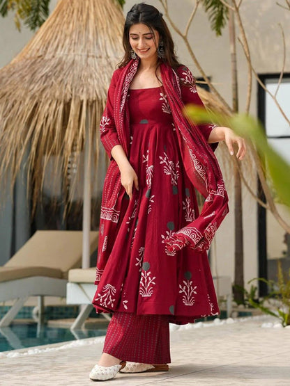 Maroon Pure Soft Reyon Cotton Blend Print Salwar Suit 