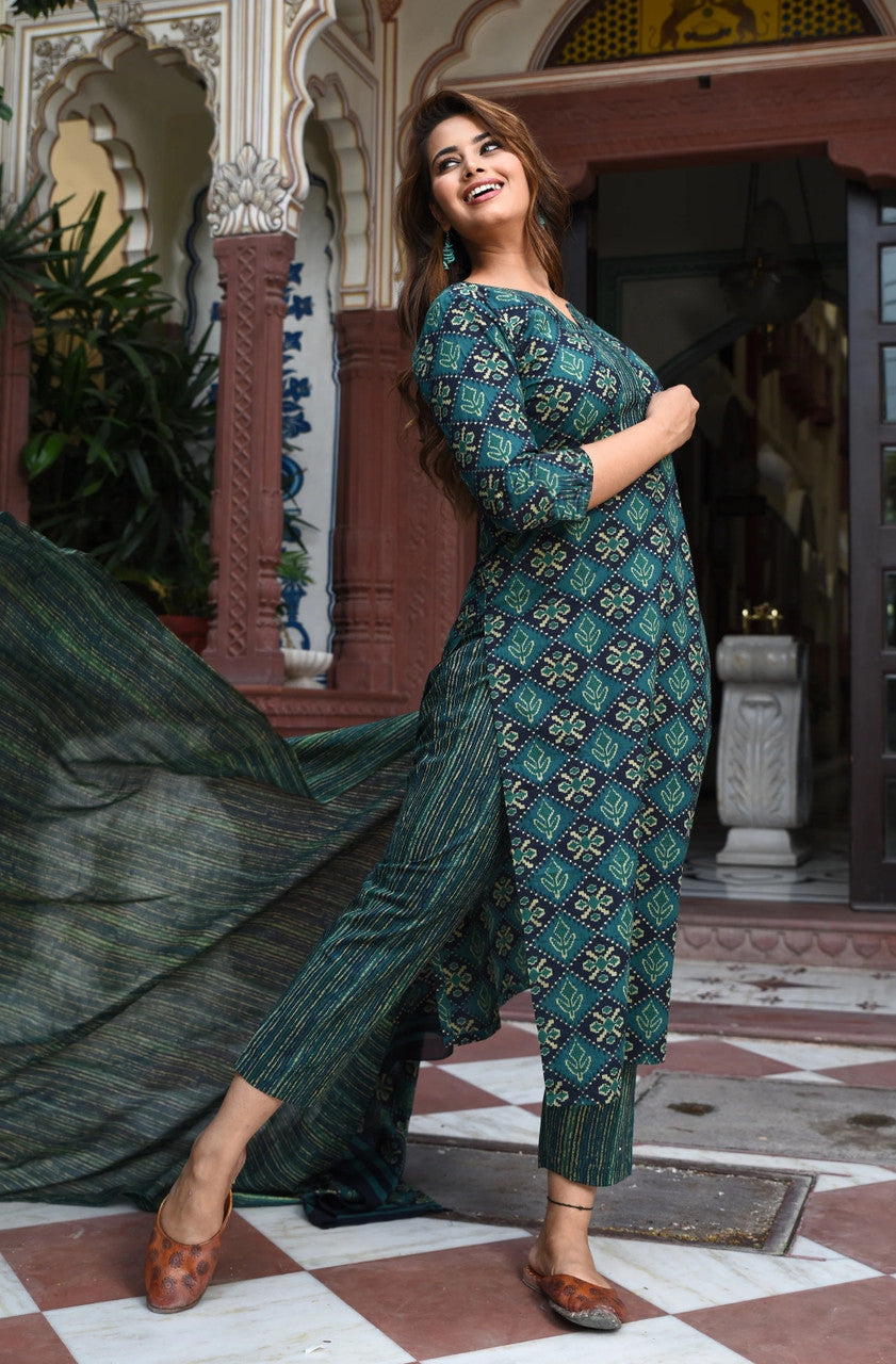 Green Pure Soft Reyon Cotton Blend Print Salwar Suit ##color## Salwar Suit. with premium fabric and embroidery