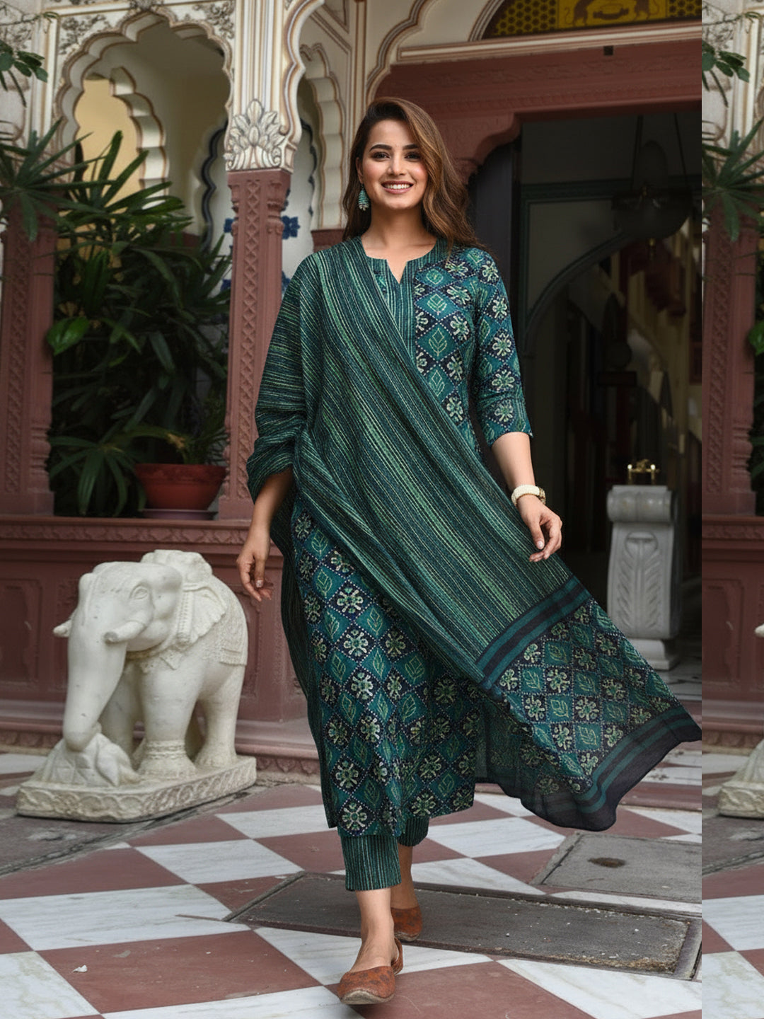 Green Pure Soft Reyon Cotton Blend Print Salwar Suit ##color## Salwar Suit. with premium fabric and embroidery