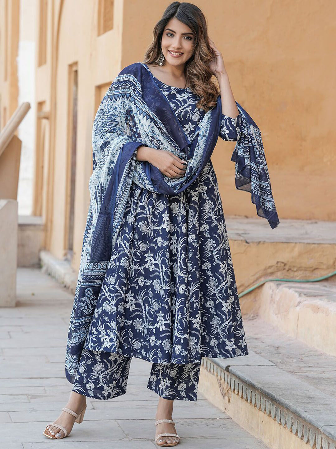 Navy Blue Pure Soft Reyon Cotton Blend Print Salwar Suit ##color## Salwar Suit. with premium fabric and embroidery