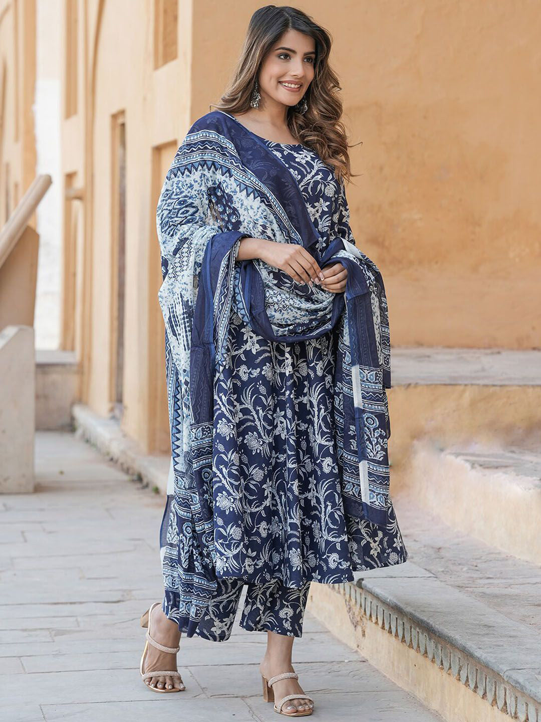 Navy Blue Pure Soft Reyon Cotton Blend Print Salwar Suit 