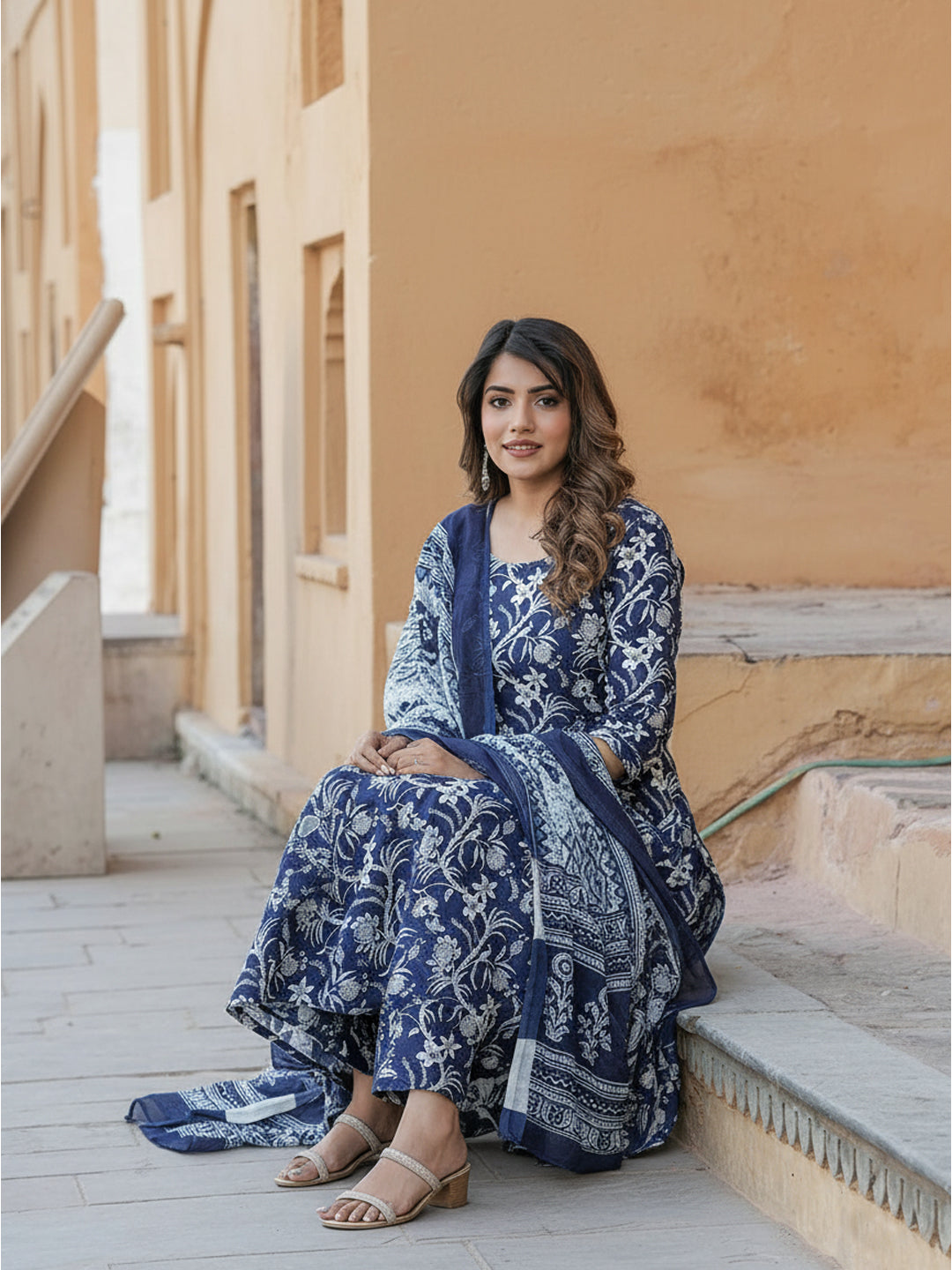 Navy Blue Pure Soft Reyon Cotton Blend Print Salwar Suit ##color## Salwar Suit. with premium fabric and embroidery