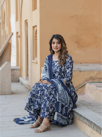 Navy Blue Pure Soft Reyon Cotton Blend Print Salwar Suit 