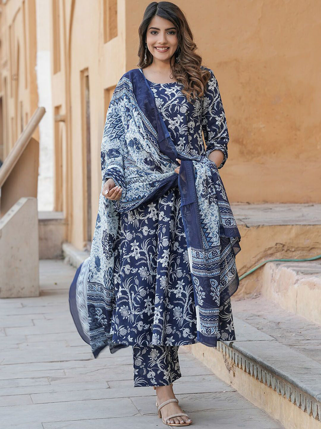 Navy Blue Pure Soft Reyon Cotton Blend Print Salwar Suit ##color## Salwar Suit. with premium fabric and embroidery