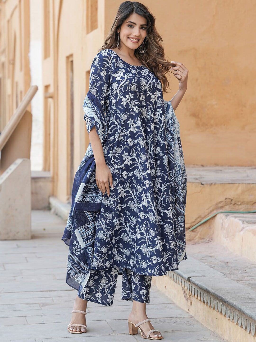 Navy Blue Pure Soft Reyon Cotton Blend Print Salwar Suit ##color## Salwar Suit. with premium fabric and embroidery
