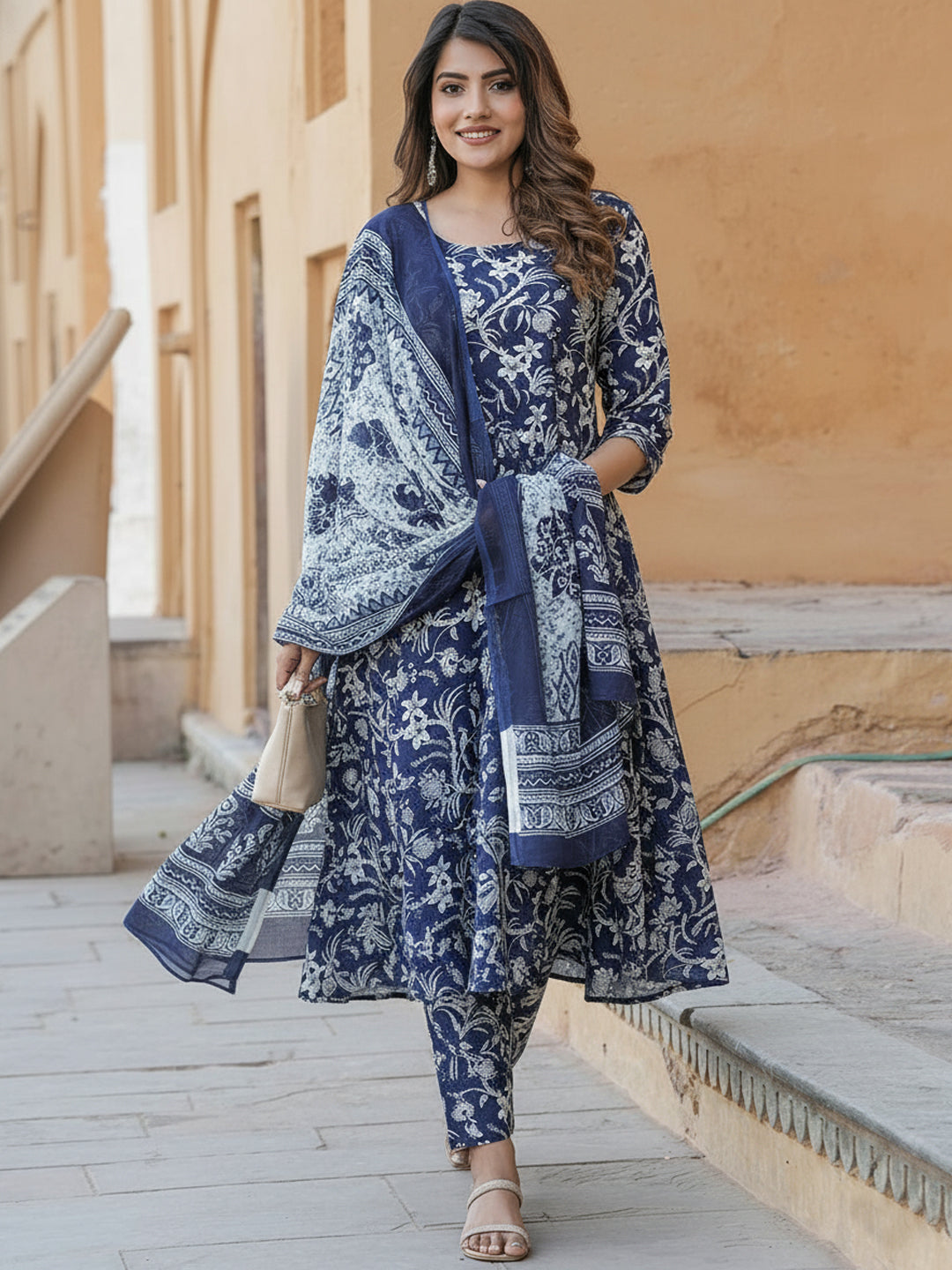 Navy Blue Pure Soft Reyon Cotton Blend Print Salwar Suit 