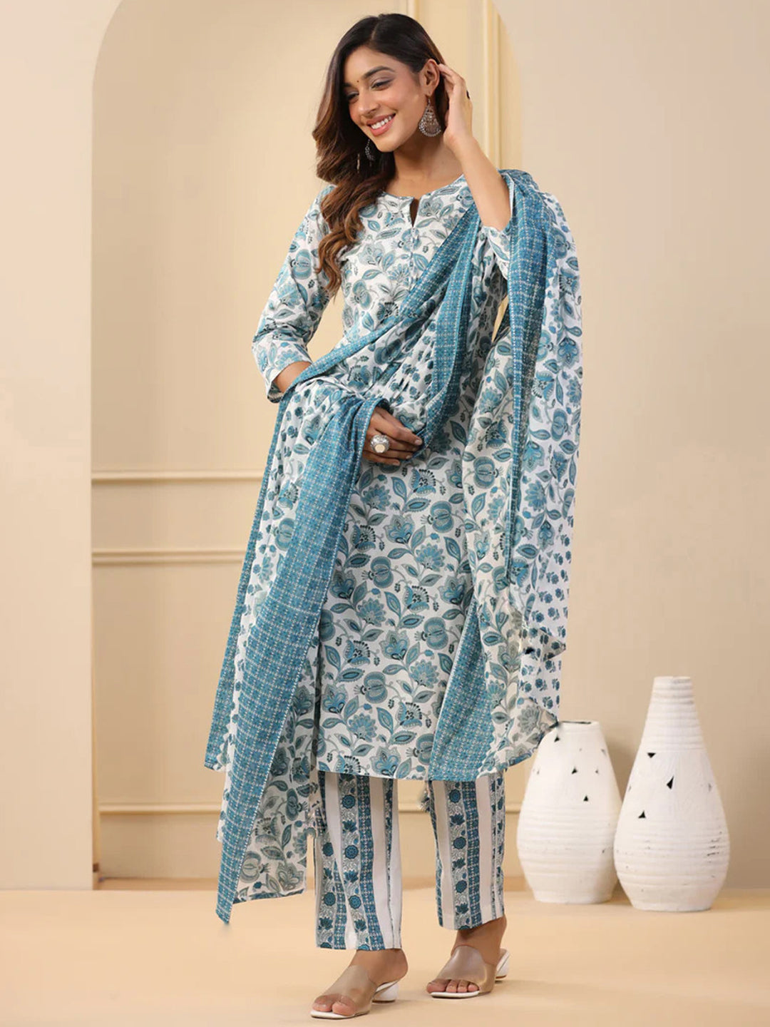 White Pure Soft Reyon Cotton Blend Print Salwar Suit 