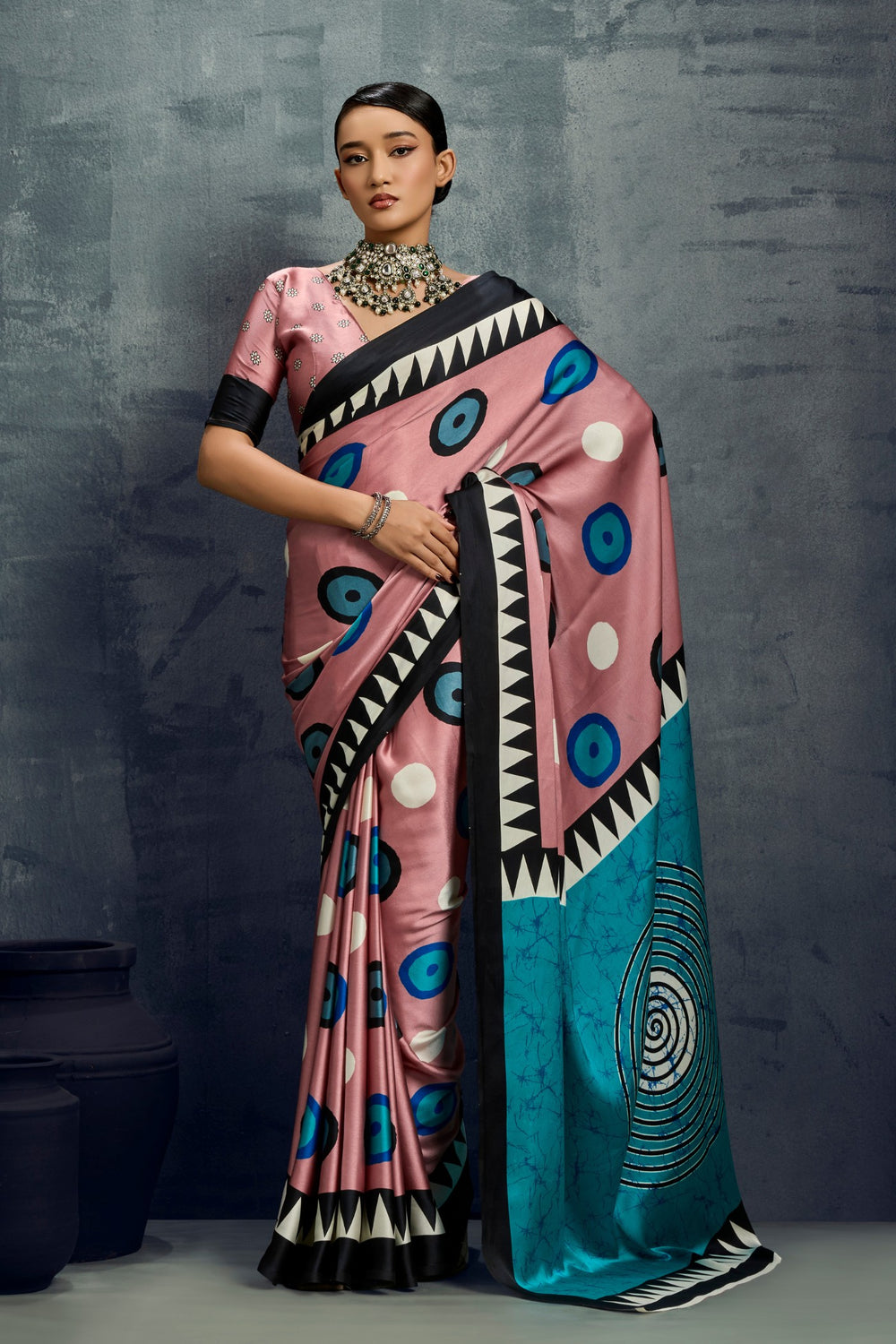 Purple Ajrakh Printed Satin Crepe Silk Saree 