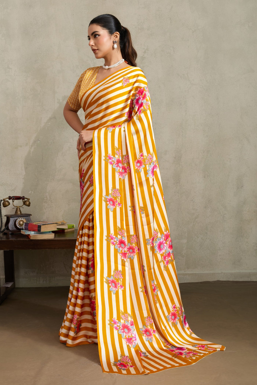 Yellow Pure Soft Modal Satin Ajrakh Print Satin Saree Japan Satin Saree Anant Tex Exports Pvt.Ltd..