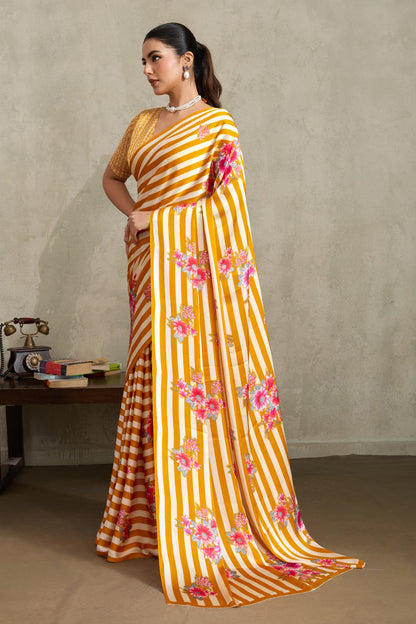 Yellow Pure Soft Modal Satin Ajrakh Print Satin Saree Japan Satin Saree Anant Tex Exports Pvt.Ltd..