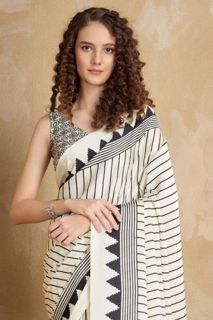 Zebra White Printed Satin Gaji Silk Saree 