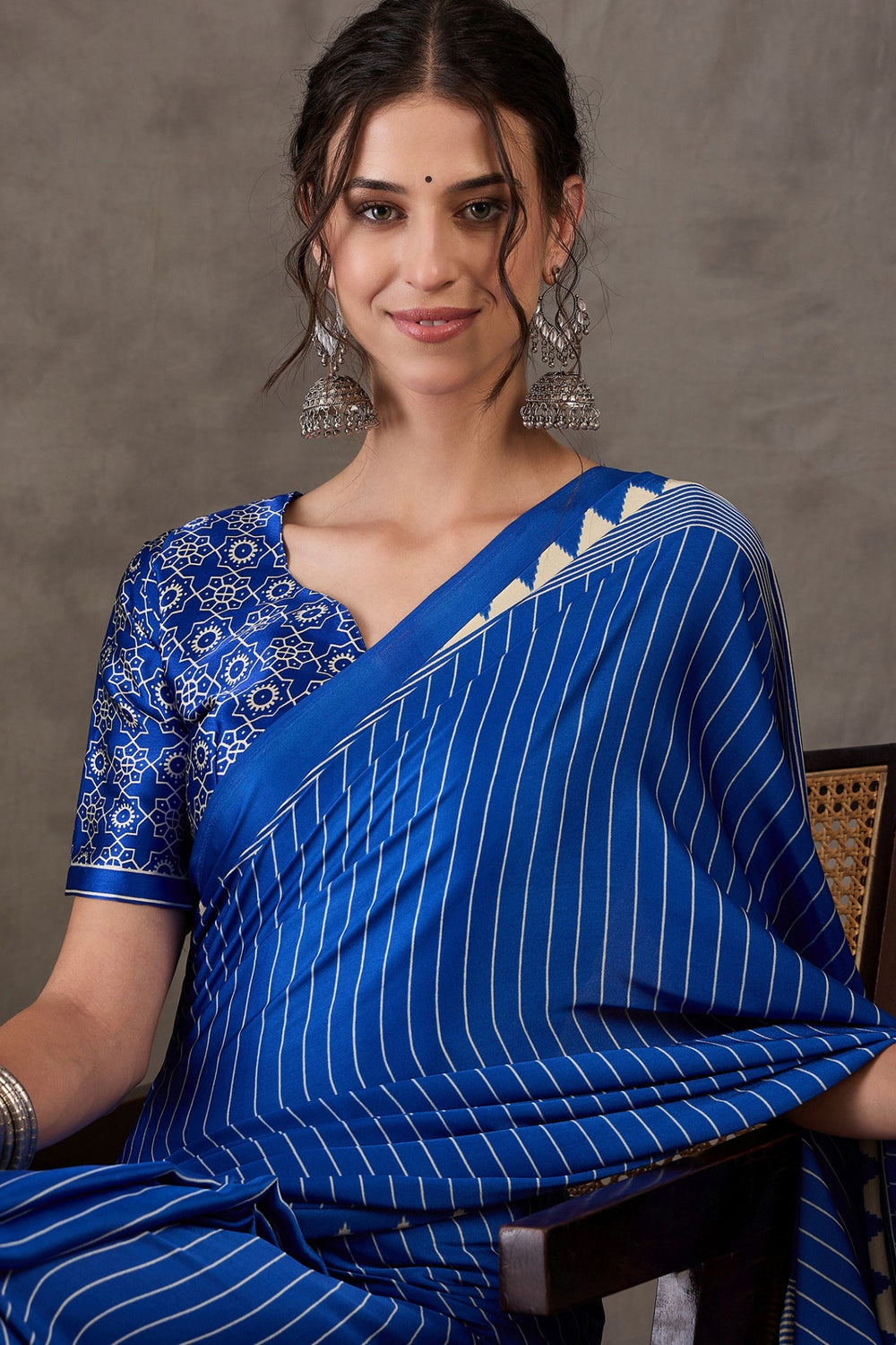 Blue Printed Satin Gaji Silk Saree ##color## Japan Satin Saree with premium fabric and embroidery