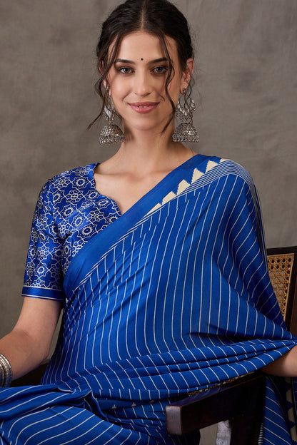 Blue Printed Satin Gaji Silk Saree 
