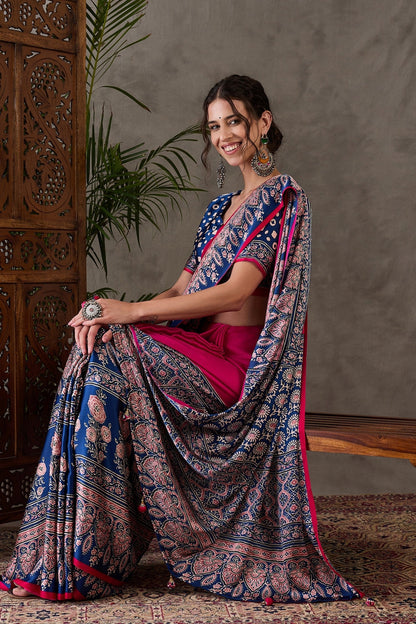 Magenta Pink Pure Soft Modal Satin Ajrakh Print Satin Saree Japan Satin Saree Anant Tex Exports Pvt.Ltd..