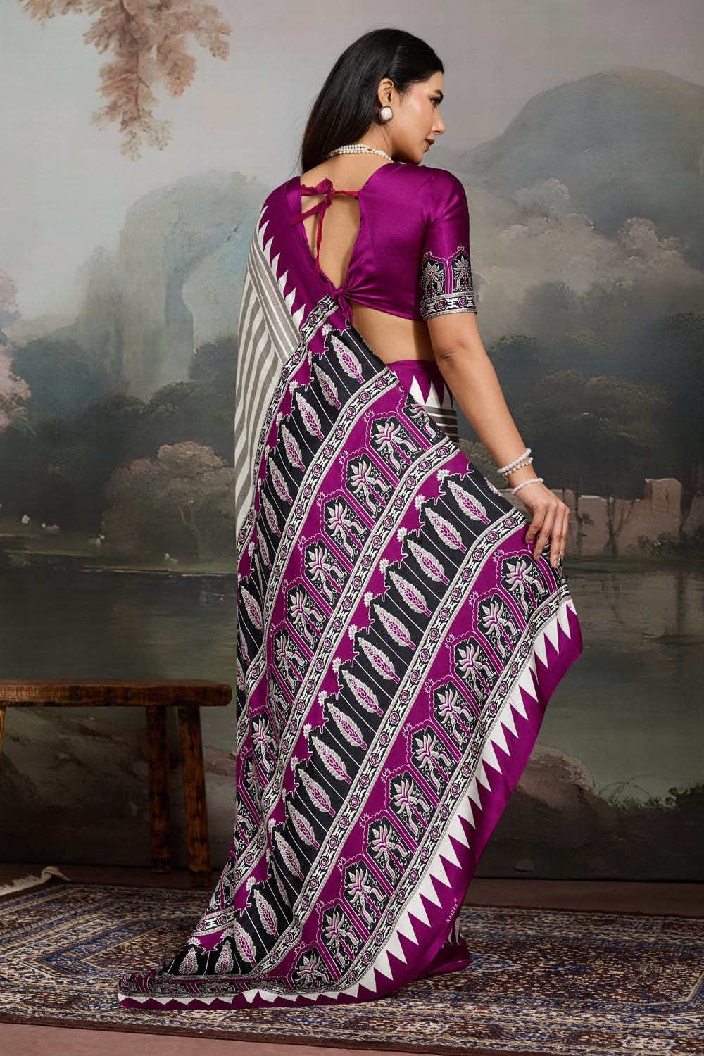 White and Purple Pure Ajrakh Printed Satin Crepe Silk Saree ##color## Floral Printed Saree with premium fabric and embroidery