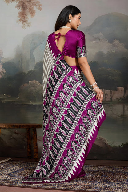 White and Purple Pure Ajrakh Printed Satin Crepe Silk Saree 
