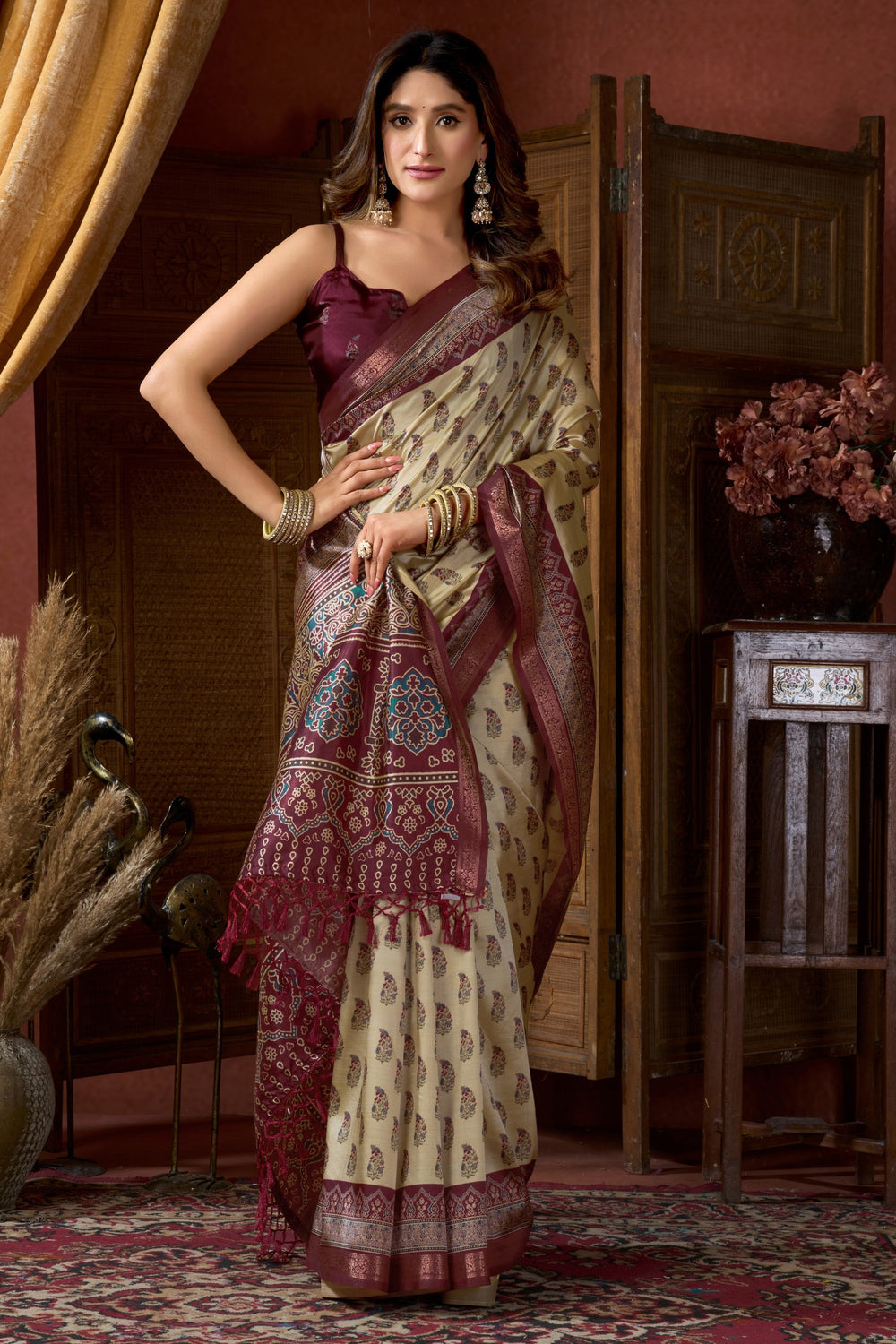 Cream Pure Cluster Silk Ajarkh Digital Printed Saree ##color## Floral Printed Saree with premium fabric and embroidery