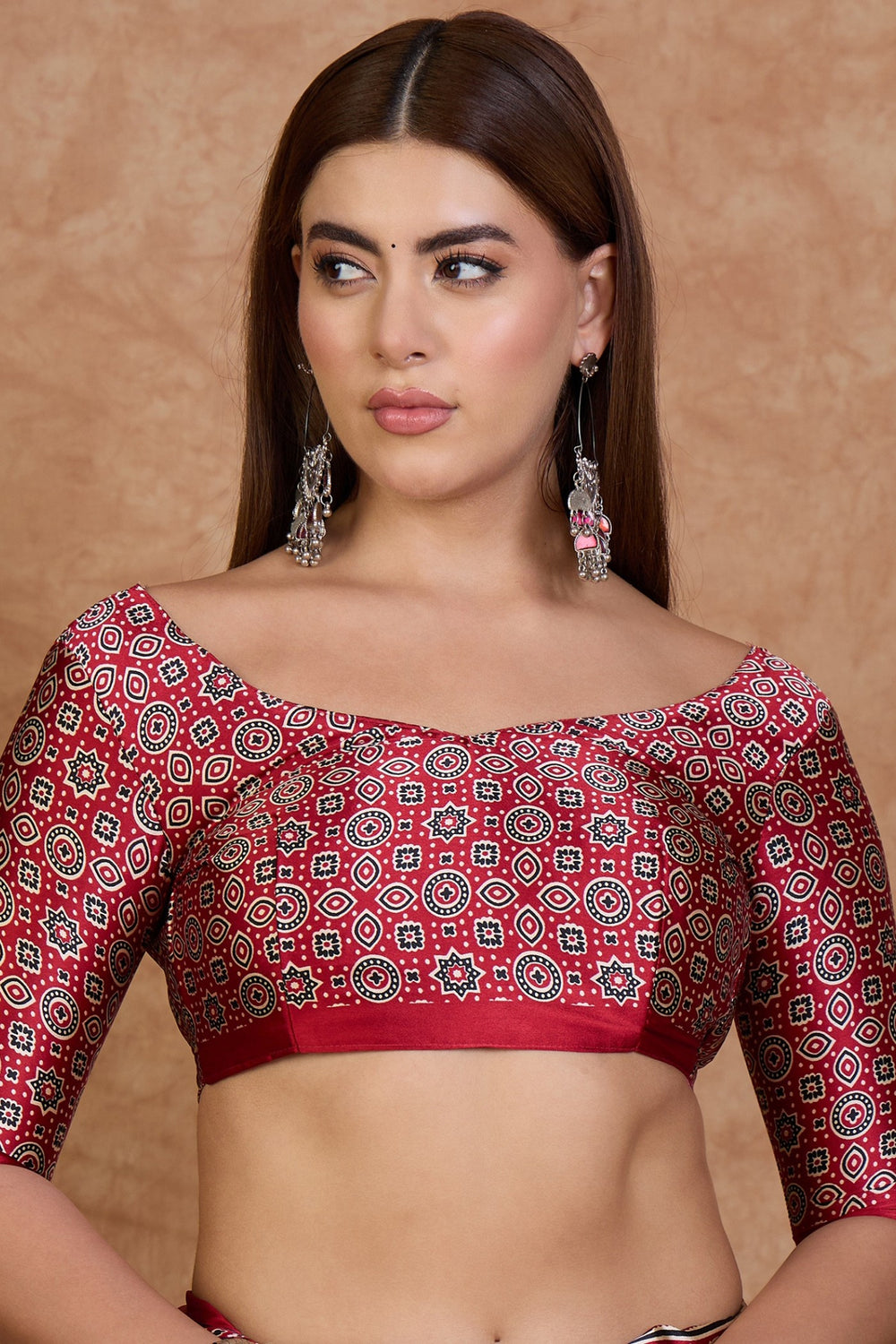 Cream and Red Pure Soft Modal Satin Ajrakh Print Satin Saree Japan Satin Saree Anant Tex Exports Pvt.Ltd..