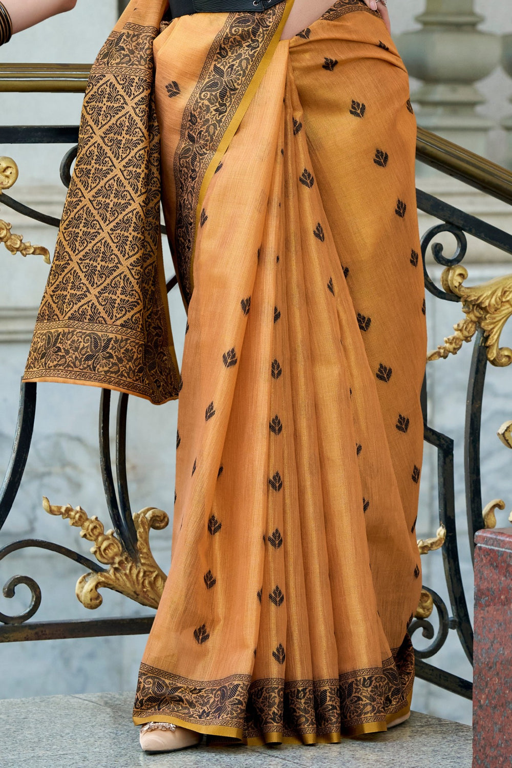 Orange Pure Tussar Linen Handloom Silk With Weaving Silk Saree