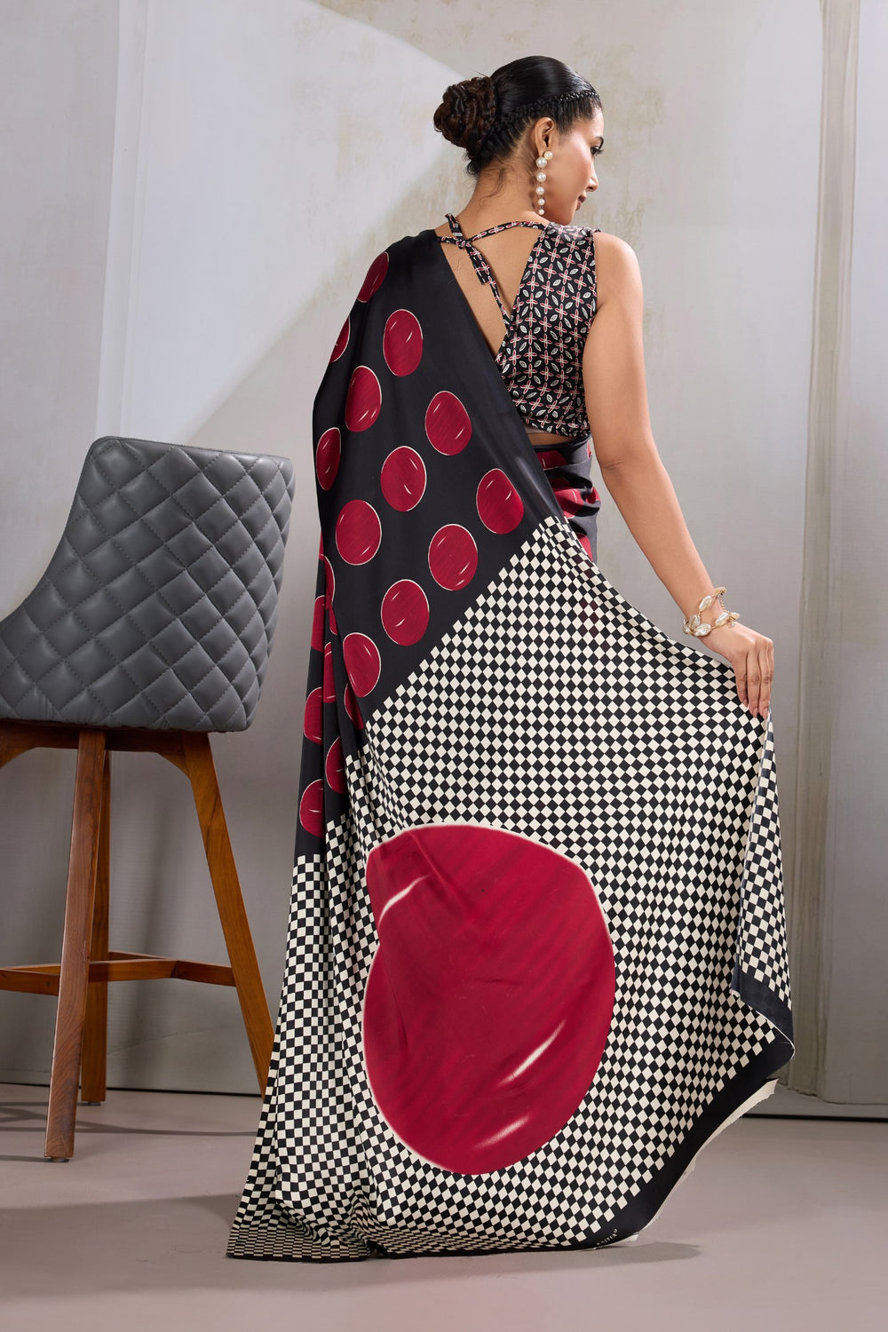 Red Printed Polka Dots Satin Crepe Saree 