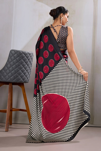 Red Printed Polka Dots Satin Crepe Saree 