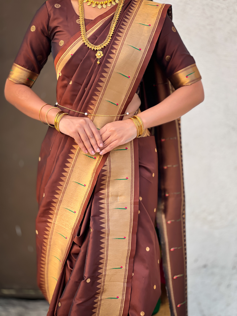 Coffee Wedding Special Nauvari Paithani Soft Silk Saree ##color## Paithani Saree with premium fabric and embroidery