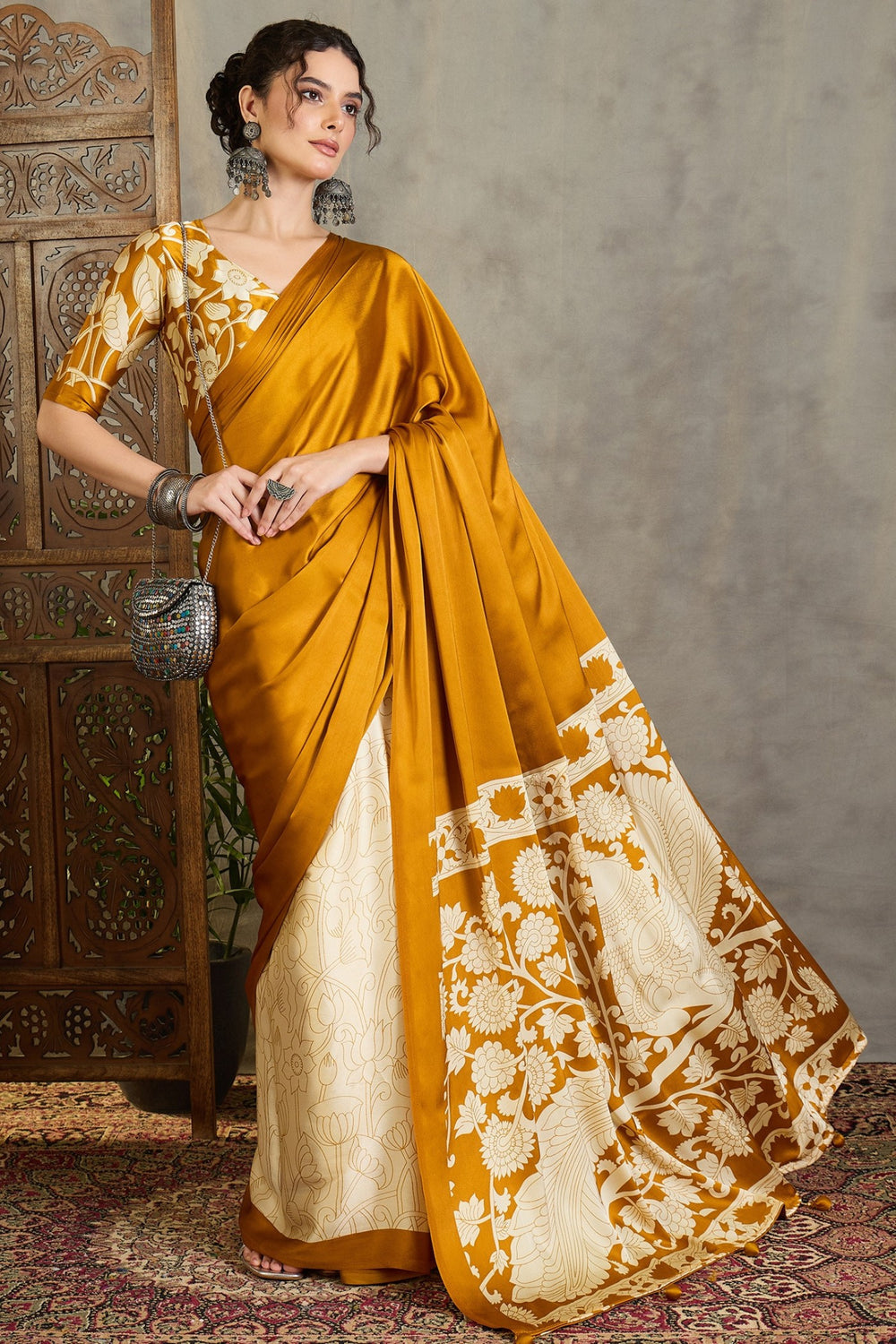 Yellow Kalamkari Printed Satin Silk Saree 