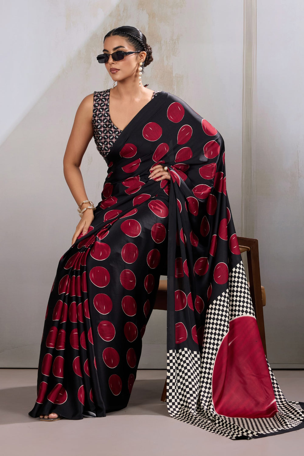 Red Printed Polka Dots Satin Crepe Saree ##color## Floral Printed Saree with premium fabric and embroidery