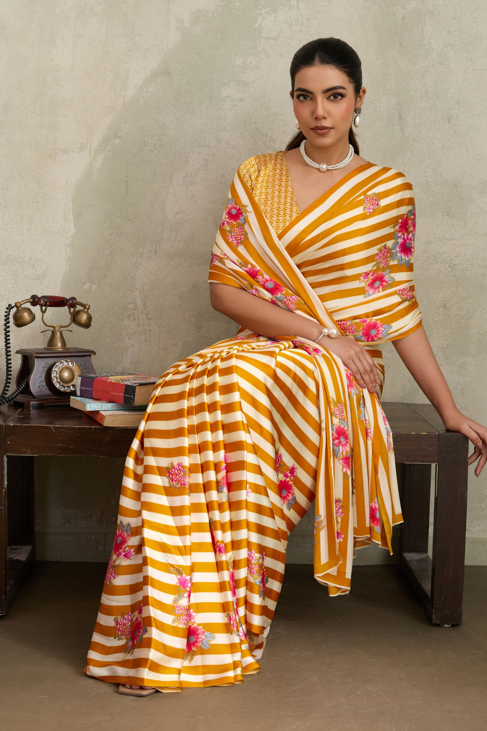 Yellow Pure Soft Modal Satin Ajrakh Print Satin Saree Japan Satin Saree Anant Tex Exports Pvt.Ltd..