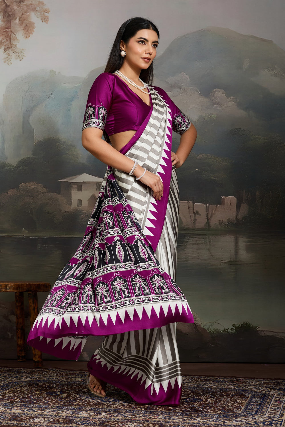 White and Purple Pure Ajrakh Printed Satin Crepe Silk Saree ##color## Floral Printed Saree with premium fabric and embroidery