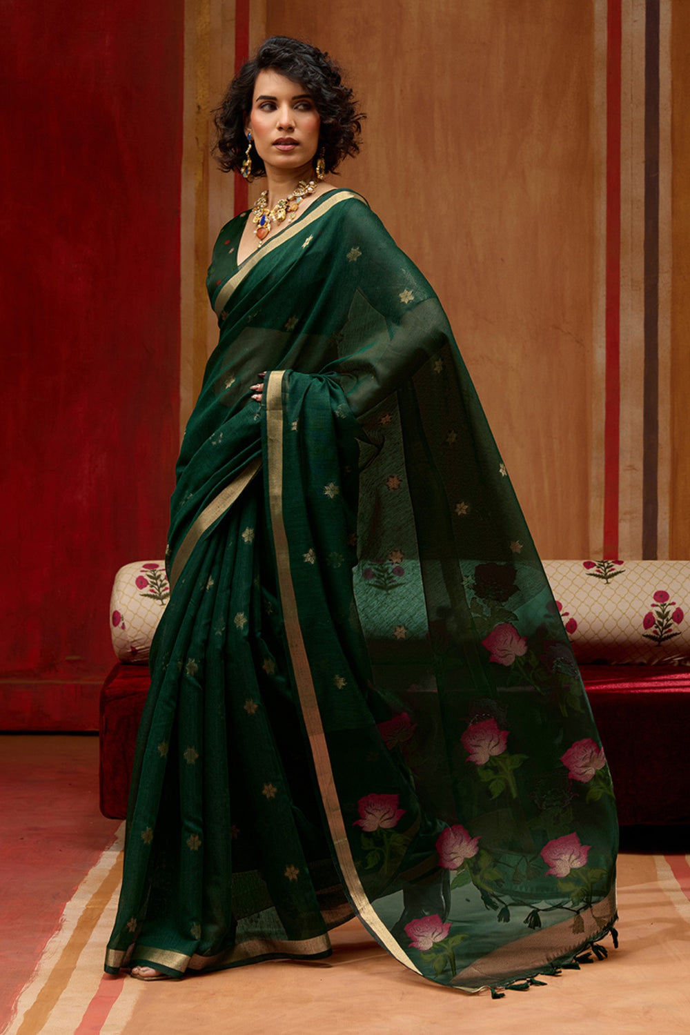 Green Pure Soft Moonga Cotton Handloom Saree 
