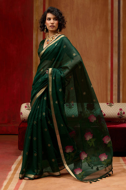 Green Pure Soft Moonga Cotton Handloom Saree 