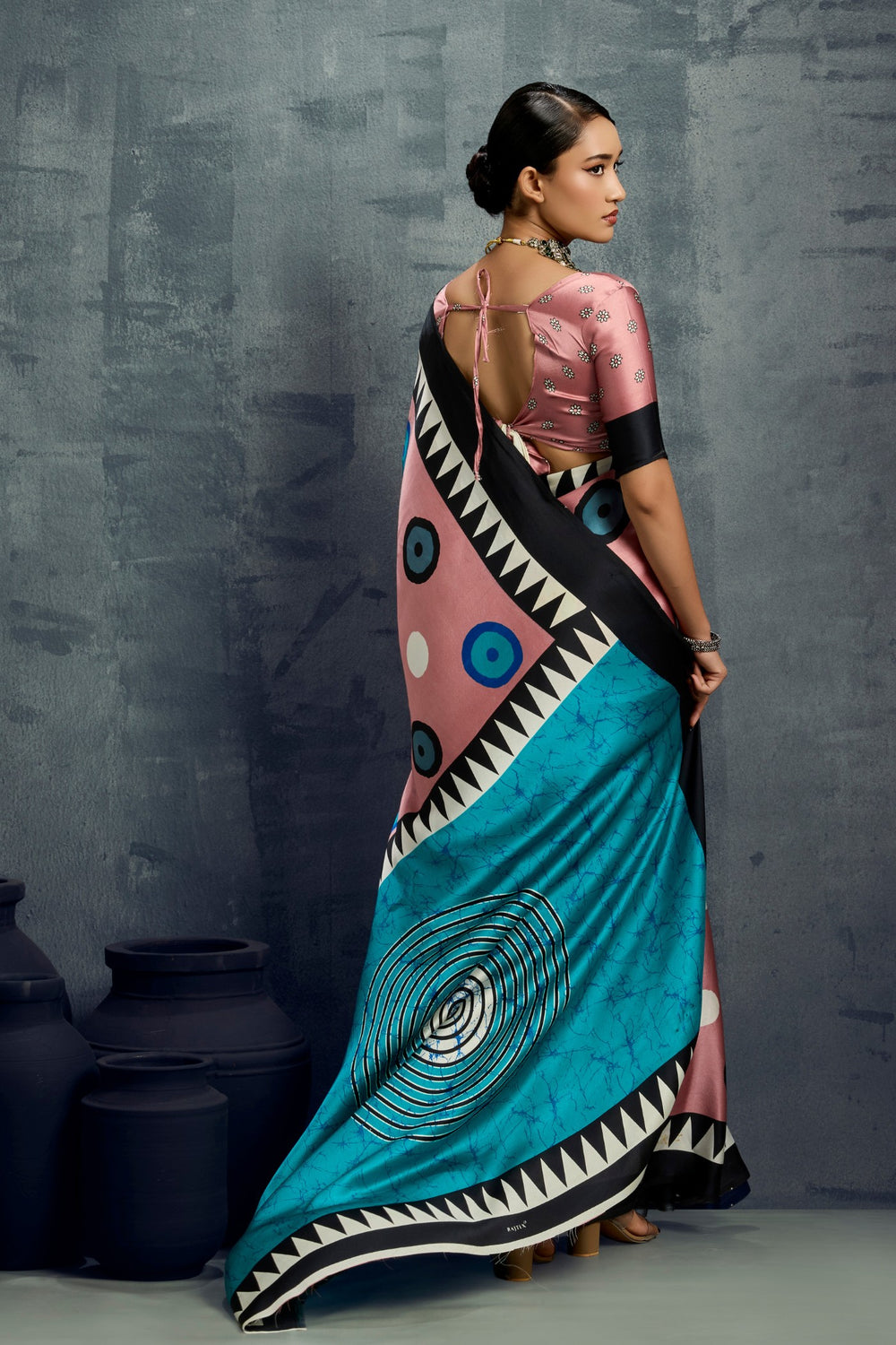 Purple Ajrakh Printed Satin Crepe Silk Saree ##color## Japan Satin Saree with premium fabric and embroidery