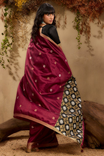 Mahogany Red Pure Tussar Handloom Silk Saree 