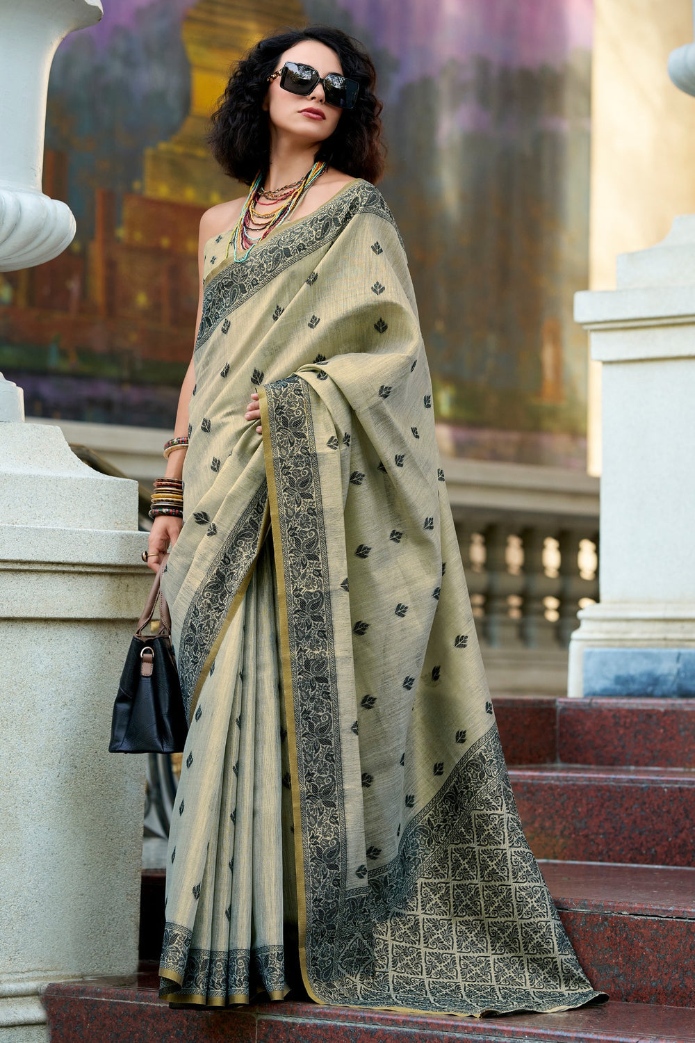 Grey Pure Tussar Linen Handloom Silk With Weaving Silk Saree