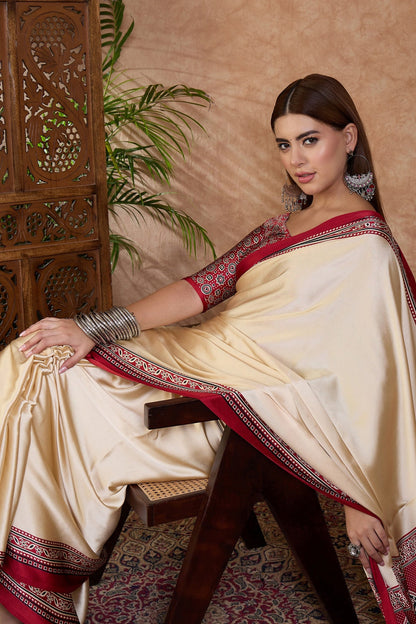 Cream and Red Pure Soft Modal Satin Ajrakh Print Satin Saree Japan Satin Saree Anant Tex Exports Pvt.Ltd..