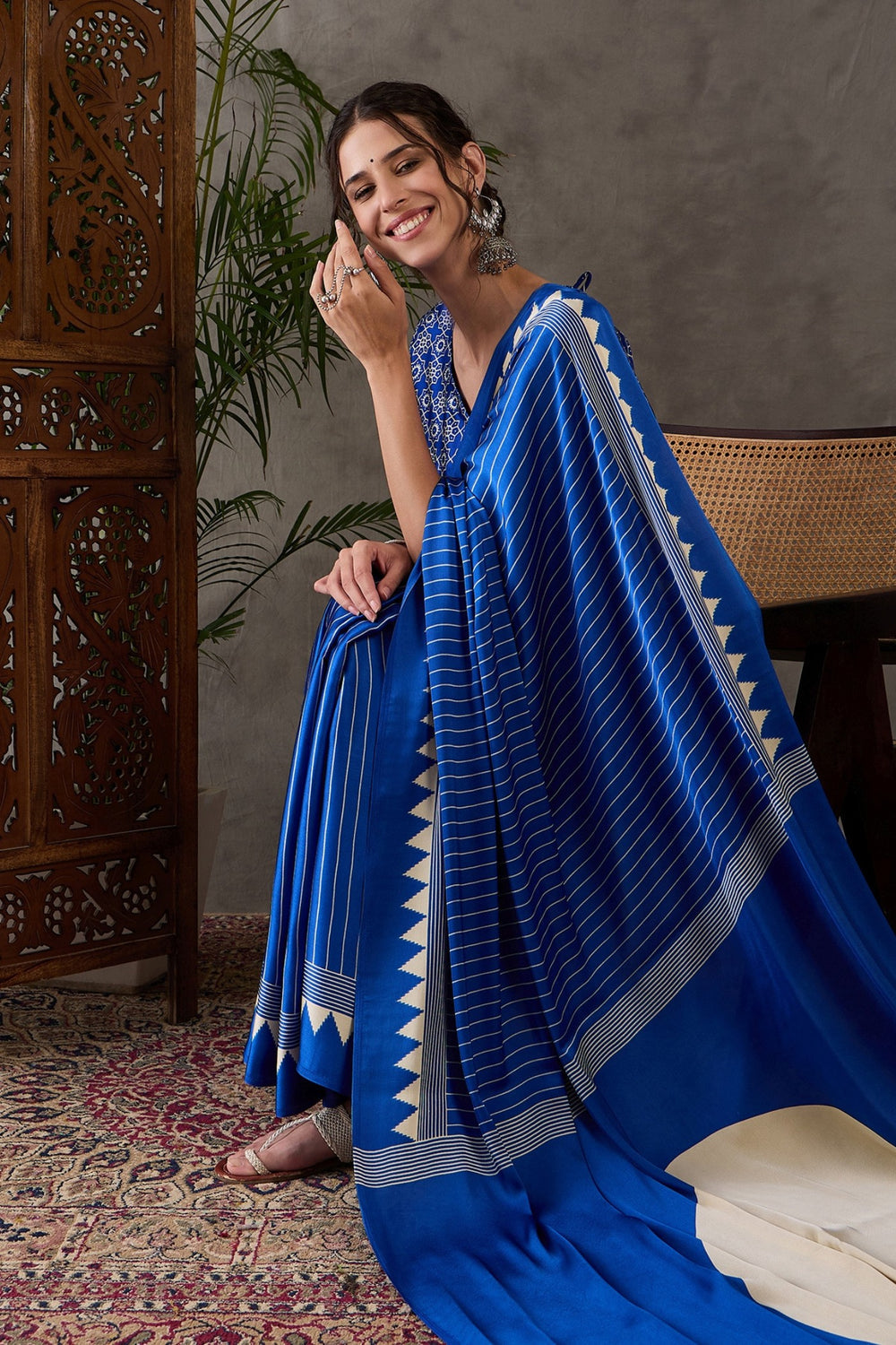 Blue Printed Satin Gaji Silk Saree 