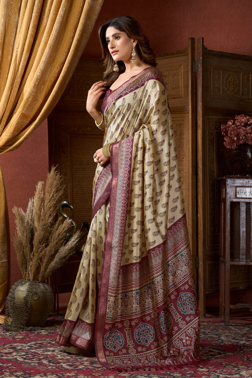 Cream Pure Cluster Silk Ajarkh Digital Printed Saree ##color## Floral Printed Saree with premium fabric and embroidery