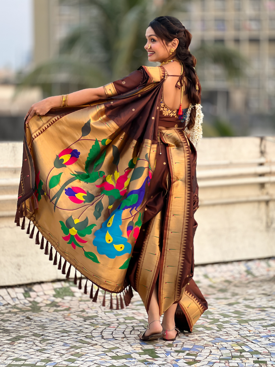 Coffee Wedding Special Nauvari Paithani Soft Silk Saree ##color## Paithani Saree with premium fabric and embroidery